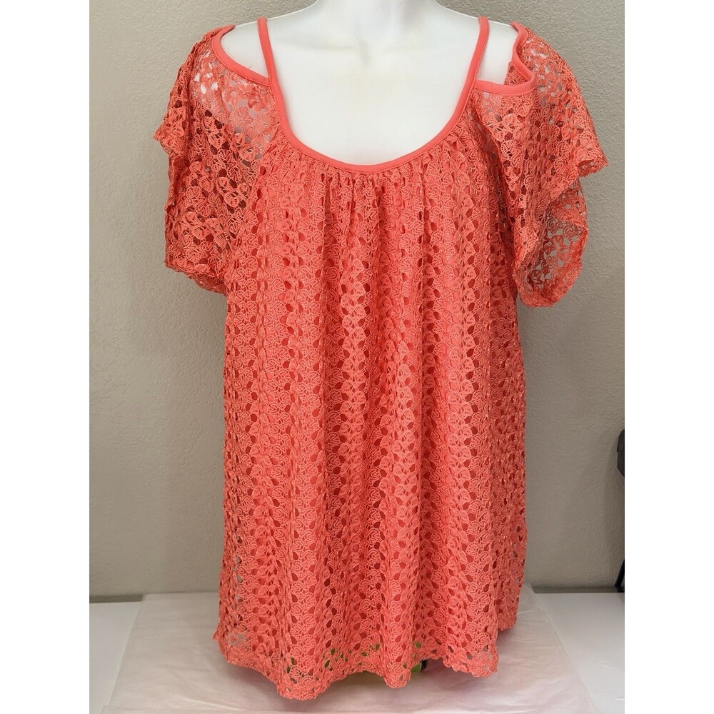 Olivia Blu Coral Lace Tunic Blouse XL NWOT Cold Shoulder Boho Flounce Sleeve Top